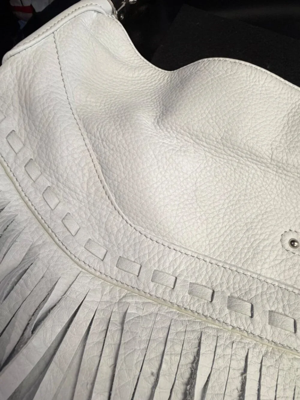 B. Makowsky White Leather Fringe Hobo Shoulder Bag Leopard Lining